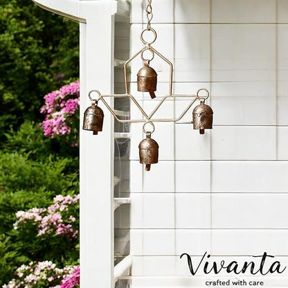 Handmade Wind Chime Bell – Rustic Hanging 4 Bell for Porch, Garden, Balcony, Christmas Decor – Farmhouse Jingle Bells, Witch Bells, Lucky Cow Bells, Boho Ornament Indoor Outdoor - 8 x 4 Inch