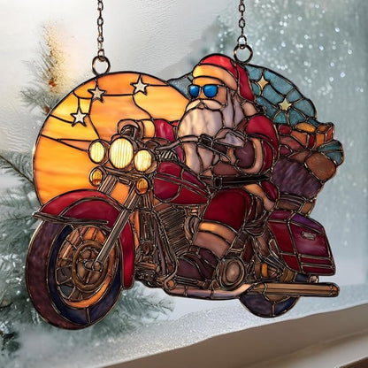 Cool Santa Riding Motorcycle Acrylic Suncatcher Stained Glass Effect Window Car Hanging Christmas Ornament Indoor Outdoor Decor Garden Sun Catcher Panel for Women Mom Grandma