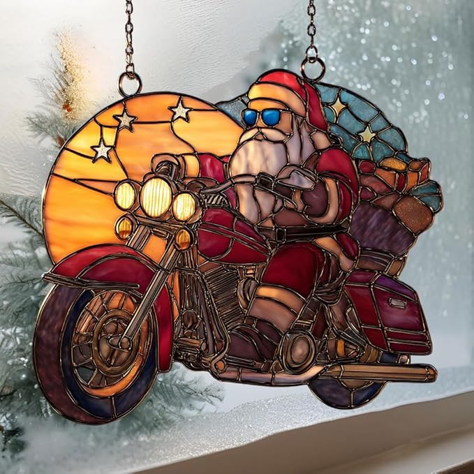 Cool Santa Riding Motorcycle Acrylic Suncatcher Stained Glass Effect Window Car Hanging Christmas Ornament Indoor Outdoor Decor Garden Sun Catcher Panel for Women Mom Grandma