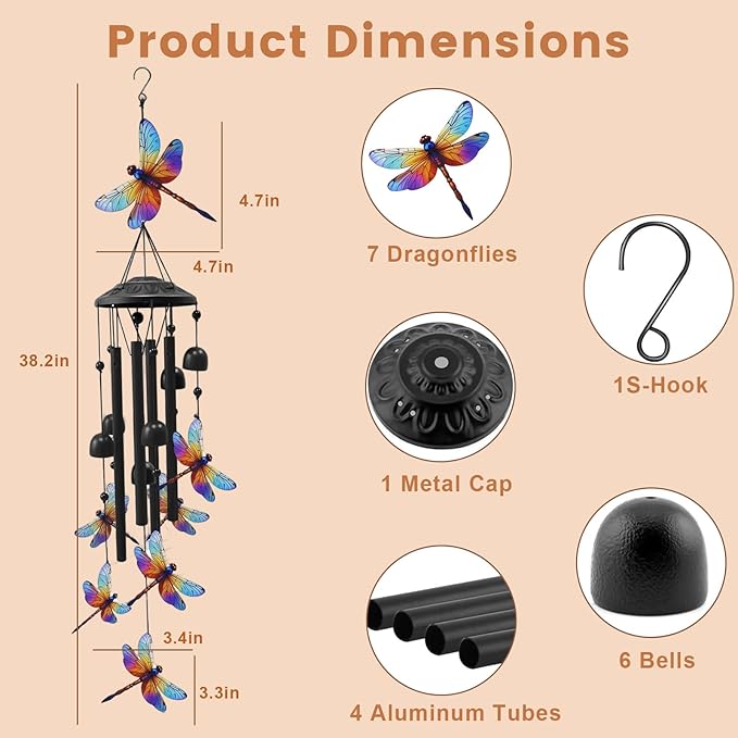 AVEKI Metal Dragonfly Wind Chimes for Outside, Gifts for Women Mother's Day Birthday Christmas, Black Wind Chime with 7 Dragonflies, Outdoor Windchimes Decor for Garden Patio (Dragonfly)