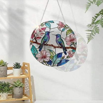 Hummingbird Flower Plant Suncatcher, Colorful Window Door Decoration, Acrylic Wall Hanging Art, Home Garden Decors, Mother's Day Christmas Festival Decor Ornament, Gift for Birds Lover