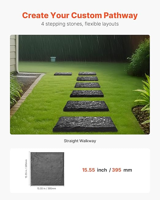 VEVOR Garden Stepping Stones, 4Pcs 15.5 x 15.5 in, Decorative Stepping Stones with Stakes, Weather-Resistant Plastic Pathway Pavers, Smooth Surface, Outdoor Walkway for Lawn Patio Landscape, Grey