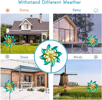 DREAMYSOUL Metal Garden Pinwheels, 9.6" Dia*40" H Kinetic Wind Spinners, Outdoor Spinners for Yard and Garden Art Lawn Decor (Cyan)