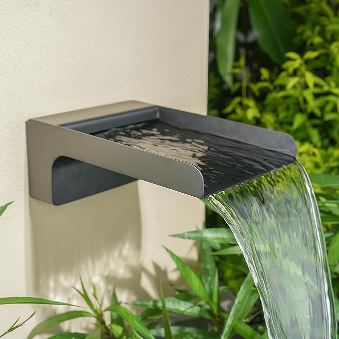 304 Stainless Steel Outdoor Garden Waterfall Spout, Water Fountain Spillway Made Exquisite Handcrafted for Landscape Decors, Patios, Pools, Courtyards, Water Walls (Black Powder Coating)