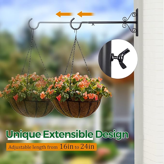 BOLITE Bird Feeder Hanger(16 to 24 Inch), Adjustable Hanging Plant Brackets, Plant Hangers for Hanging Bird Feeders, Planters, Lanterns, Wind Chimes, String Lights, 2 Pack, Black