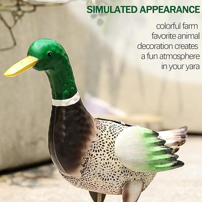 Solar Ducks Outdoor Statue, Hand-Painted Iron Mallard Duck Sculpture, 9.8 x 11.22 Inches Garden Yard Lawn Art Decor for Indoor Outdoor Home Patio Decor Accent