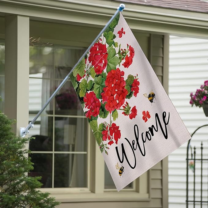 Welcome Summer Geranium Decorative House Flag, Spring Red Floral Flowers Bee Garden Yard Outside Decorations, Farmhouse Outdoor Large Home Decor Double Sided 28 x 40