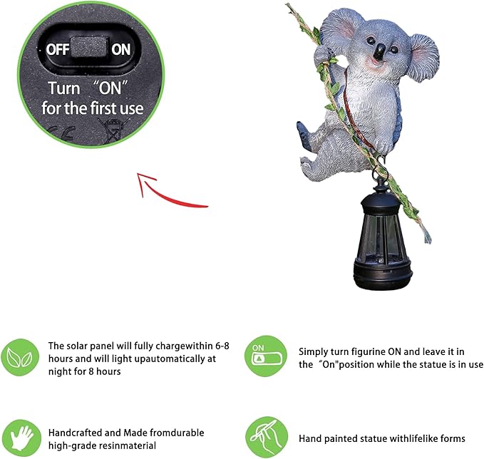 Decorative Koala Tree Climber with Solar Lantern, Gray Resin Garden Statue, Outdoor Hanging Animal Light