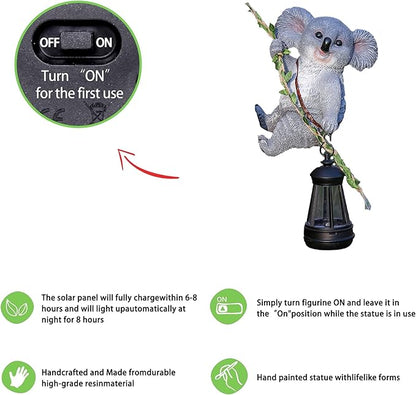 Decorative Koala Tree Climber with Solar Lantern, Gray Resin Garden Statue, Outdoor Hanging Animal Light