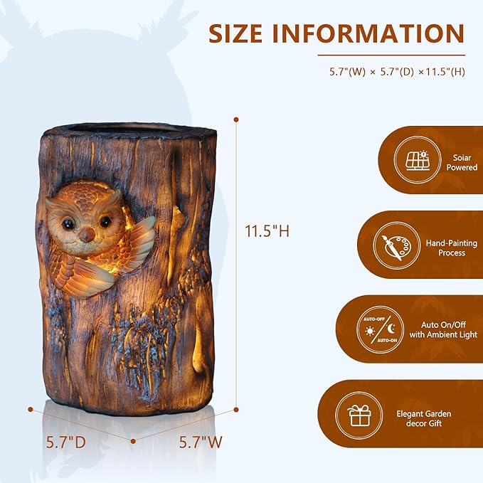 Landoraloria Solar Powered Tree Stump Owl Garden Statue with Light, Brown Resin, Waterproof Outdoor Decorative Lamp (Owl)