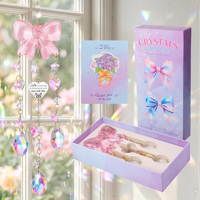 Crystal Sun Catchers Indoor Window,Pink Bow Decor Sun Catcher for Sister Gifts with 3 Chains,Prism Rainbow Crystal Suncatcher for Hangings College Dorm Rooms Home Decoration