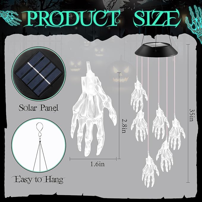 Wonderjune Halloween Solar Wind Chimes for Outside Skeleton Hand LED Color Changing Light Outdoor Mobile Wind Chime for Garden Patio Yard Porch Home Decor
