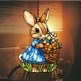 Whimsical Bunny Mosaic Warm Floral Acrylic Suncatcher Stained Glass Effect Window Car Hanging Christmas Ornament Indoor Outdoor Decor Garden Sun Catcher Panel for Easter Lover for Women Mom Grandma