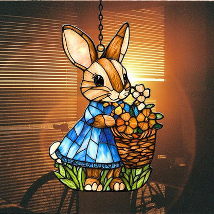 Whimsical Bunny Mosaic Warm Floral Acrylic Suncatcher Stained Glass Effect Window Car Hanging Christmas Ornament Indoor Outdoor Decor Garden Sun Catcher Panel for Easter Lover for Women Mom Grandma
