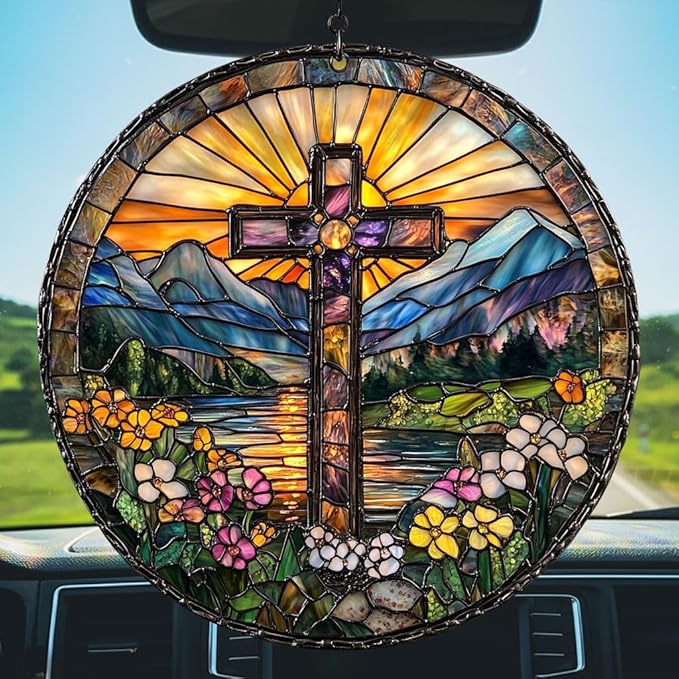 Floral Cross Acrylic Suncatcher Stained Glass Effect Window Car Hanging Christmas Ornament Indoor Outdoor Decor Garden Memorial Sun Catcher for Family Christmas Jesus Gift for Women Mom Grandma