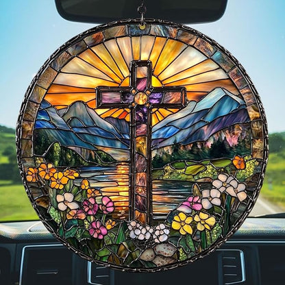 Floral Cross Acrylic Suncatcher Stained Glass Effect Window Car Hanging Christmas Ornament Indoor Outdoor Decor Garden Memorial Sun Catcher for Family Christmas Jesus Gift for Women Mom Grandma