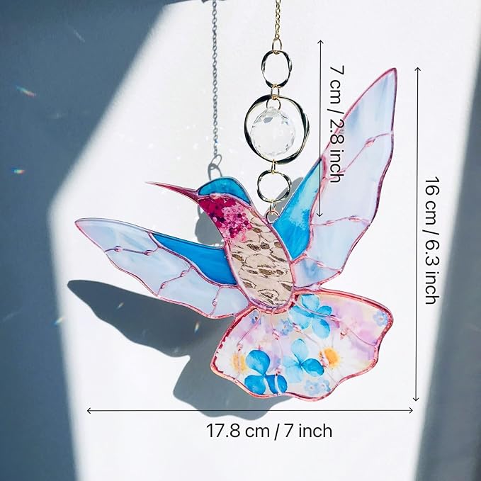 Blue Acrylic Hummingbird Flowers Garden Suncatcher Window Hanging Crystal Prism Rainbow Maker Sun Catcher Ornaments Birthday Christmas Thanksgiving Gifts for Mom Grandma Sister Bird Lovers
