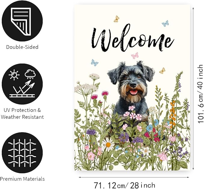 Floral Schnauzer Garden Flag Spring Summer House Flags 28 x 40 Double Sided Flower Dog Yard Flags for Outside Large Outdoor Welcome Flags