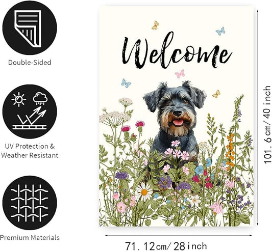 Floral Schnauzer Garden Flag Spring Summer House Flags 28 x 40 Double Sided Flower Dog Yard Flags for Outside Large Outdoor Welcome Flags