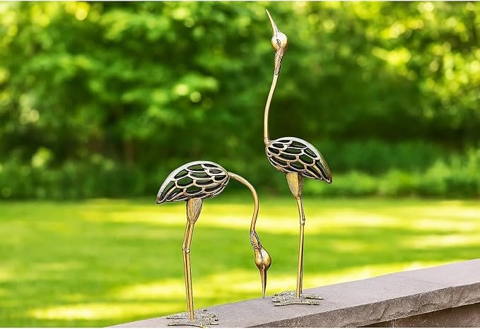 Seraphic Cast Iron Metal Crane/Heron Bird Garden Sculptures Statues for Indoor or Outdoor Lawn Decor, Rustic Bronze, Set of 2