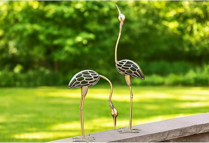 Seraphic Cast Iron Metal Crane/Heron Bird Garden Sculptures Statues for Indoor or Outdoor Lawn Decor, Rustic Bronze, Set of 2