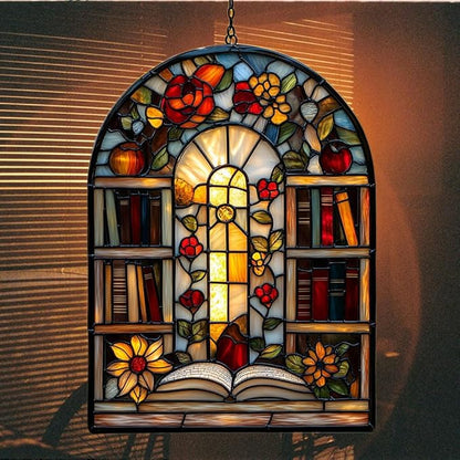 Antique Library Bookshelf Acrylic Suncatcher Stained Glass Effect Window Car Hanging Christmas Ornament Indoor Outdoor Decor Garden Sun Catcher Panel for Book Lover for Women Mom Grandma