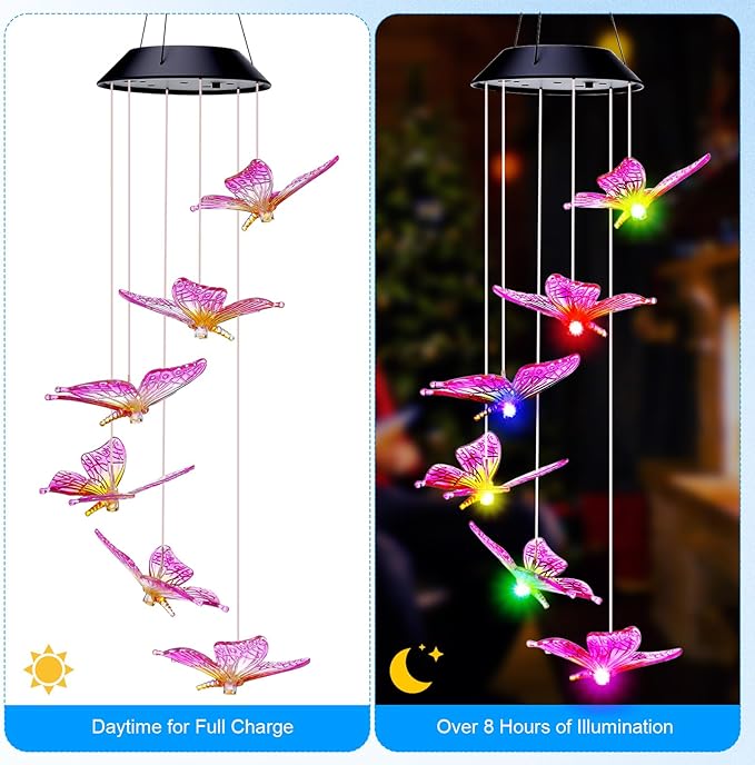 Retisee LED Solar Hanging Wind Chime, Outdoor Mobile Color Changing Light, Home Yard Garden Decoration Automatic Light Gift for Party Women Mom (Butterfly)