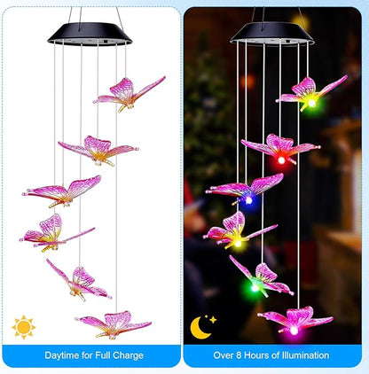 Retisee LED Solar Hanging Wind Chime, Outdoor Mobile Color Changing Light, Home Yard Garden Decoration Automatic Light Gift for Party Women Mom (Butterfly)