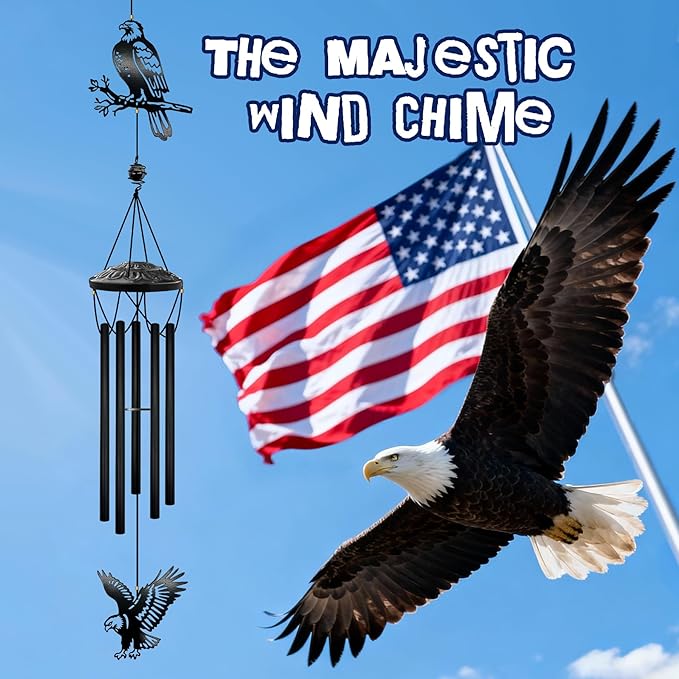 40" Large Bald Eagle Wind Chimes for Outside - Deep Soothing Tone Premium Metal Hanging Decor for Garden, Porch, Balcony. Perfect Housewarming Gift for New Home, Dad, Mom & Family