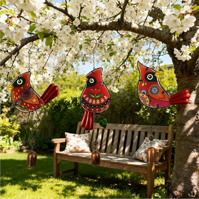 Cardinal Wind Chimes 3 Pack - Metal Wind Chimes for Outside, Waterproof Rustproof Garden Decor with Hanging Hooks, Home Decoration