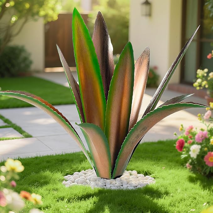 Large Tequila Rustic Sculpture, Rustic Metal Agave Plants for Outdoor Patio Yard Mexican Plant Garden， Agave Outdoor Lawn Ornaments Yard Stakes (Green 1pc)
