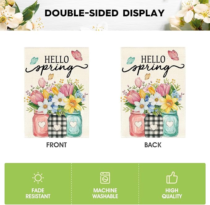 AVOIN colorlife Hello Spring Garden Flag 12x18 Inch Double Sided Outside, Floral Mason Jar Holiday Yard Outdoor Flag