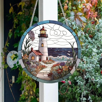 Lighthouse Stained Window Hangings with Chain– Acrylic Round Ornament for Garden, Patio and Indoor Decor, Housewarming Gift for Mom, Grandma