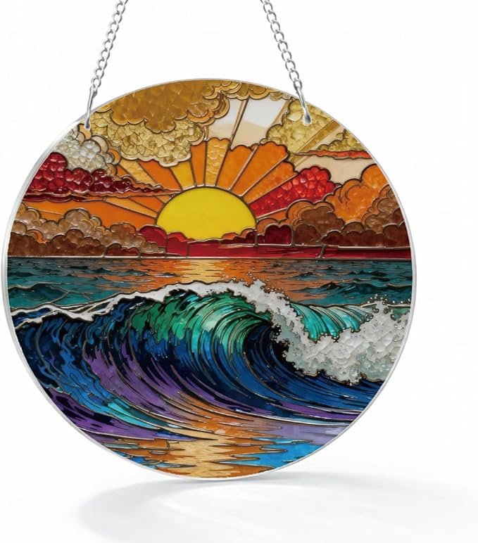 Ocean Waves Suncatcher for Windows Hanging, Coastal Sunset Sunshine Sun Catchers Indoor Window Door Decoration, Round Wall Hanging Decor, Beach House Decor, Home Decors, Housewarming Gift