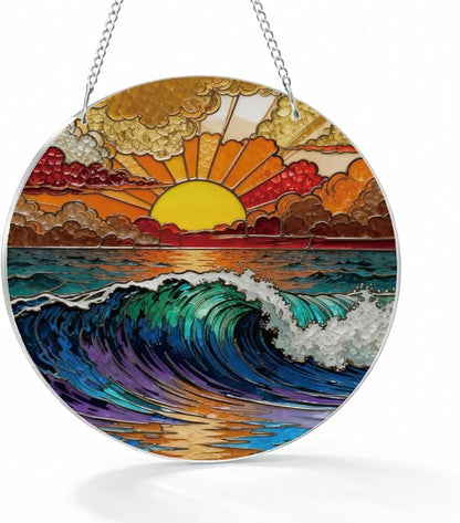 Ocean Waves Suncatcher for Windows Hanging, Coastal Sunset Sunshine Sun Catchers Indoor Window Door Decoration, Round Wall Hanging Decor, Beach House Decor, Home Decors, Housewarming Gift