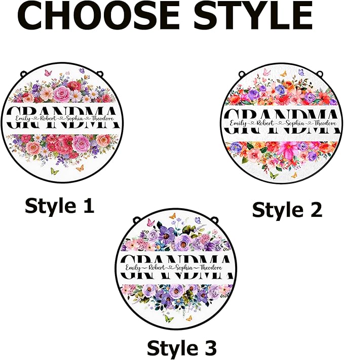 Personalized Grandma Floral Suncatcher, Custom Grandchildren Names Round Window Hanging, Stained Glass Style Flower Ornament, Mother’s Day Keepsake Decor for Grandma