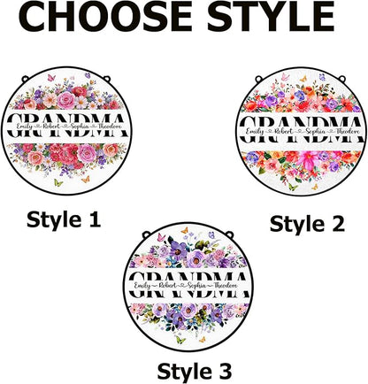 Personalized Grandma Floral Suncatcher, Custom Grandchildren Names Round Window Hanging, Stained Glass Style Flower Ornament, Mother’s Day Keepsake Decor for Grandma