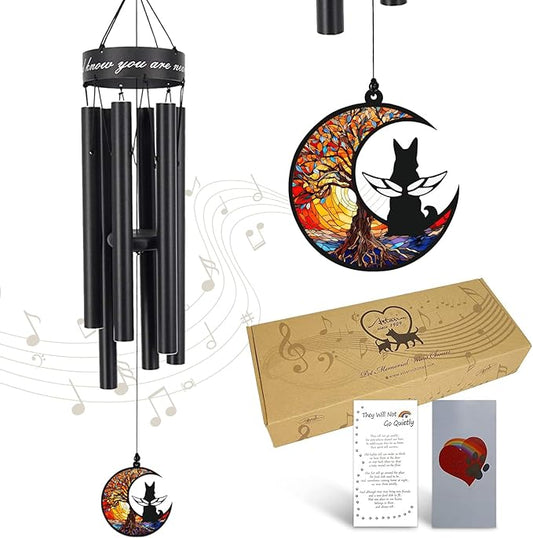 35" Pet Memorial Wind Chime, Pet Sympathy Gift for Loss of Dog, Dog Memorial Wind Chime with Stained Moon, Hand Tuned Aluminum Wind Chimes for Outdoor Garden Porch Remembrance Decor, Black