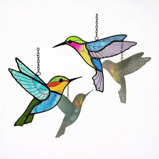 Set of 2 Hummingbird Stained Glass Suncatchers, Real Glass Window Hanging Decor, Handmade Tiffany Style Sun Catcher for Kitchen, Living Room, Garden, Gift Idea for Bird Lovers