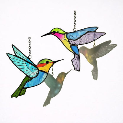 Set of 2 Hummingbird Stained Glass Suncatchers, Real Glass Window Hanging Decor, Handmade Tiffany Style Sun Catcher for Kitchen, Living Room, Garden, Gift Idea for Bird Lovers