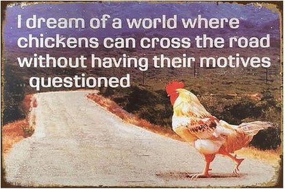 Chicken-Sign Metal-Sign Wall-Art Décor-Yard, Chickens Cross the Road, Farm Plaque Garden Sign Outdoor Coop Décor for Home Fence 8 X 12 Inches
