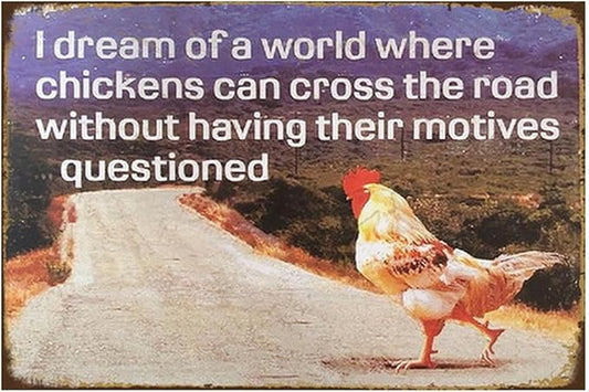 Chicken-Sign Metal-Sign Wall-Art Décor-Yard, Chickens Cross the Road, Farm Plaque Garden Sign Outdoor Coop Décor for Home Fence 8 X 12 Inches