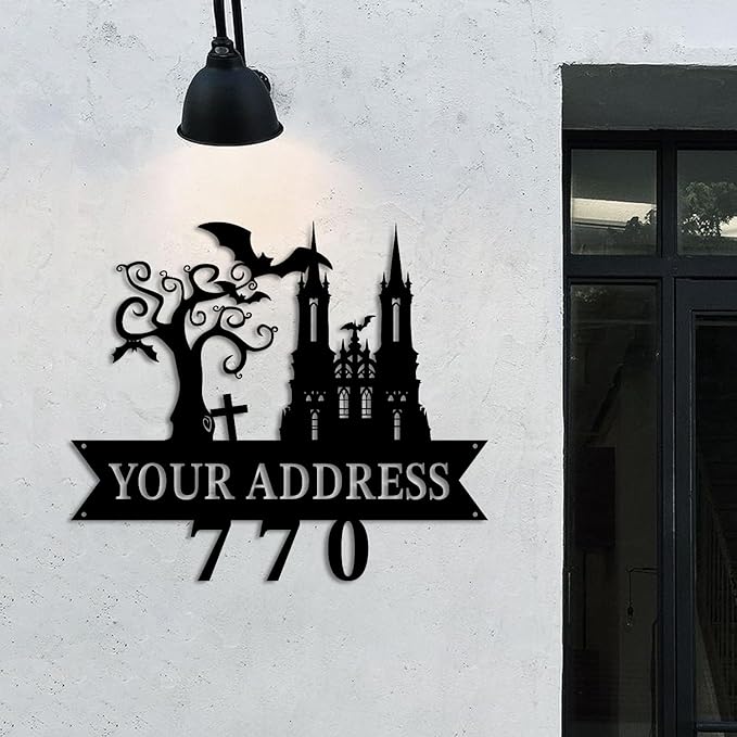 Personalized Gothic House Number metal Signs,Custom Address Number Metal Wall Art Decor,Black Plaques Outdoor wall Decorative Signage,Shed(8-30 Inches) (Castle C)