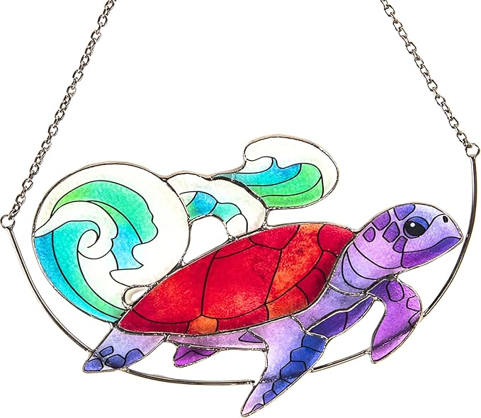Sea Turtle Stained Glass Window Hanging, Ocean Sea Life Sun Catchers Indoor Panel, Nautical Suncatcher Decor for Home, Wall, Garden, Coastal Ornament Gift for Women, Beach Lovers