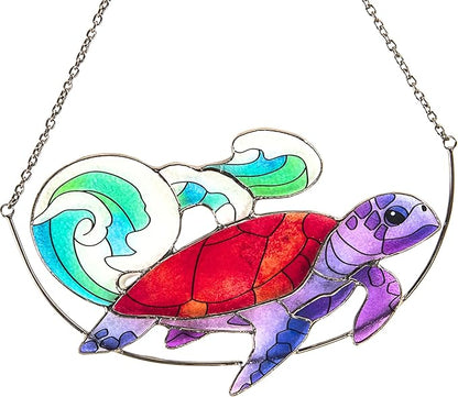 Sea Turtle Stained Glass Window Hanging, Ocean Sea Life Sun Catchers Indoor Panel, Nautical Suncatcher Decor for Home, Wall, Garden, Coastal Ornament Gift for Women, Beach Lovers