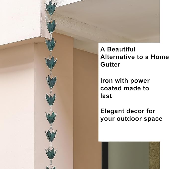 Rain Chains - 8.5 FT Rain Chains for Gutters Downspouts - Outside Leafy Flowers Cups Rain Chain - Antique Blue