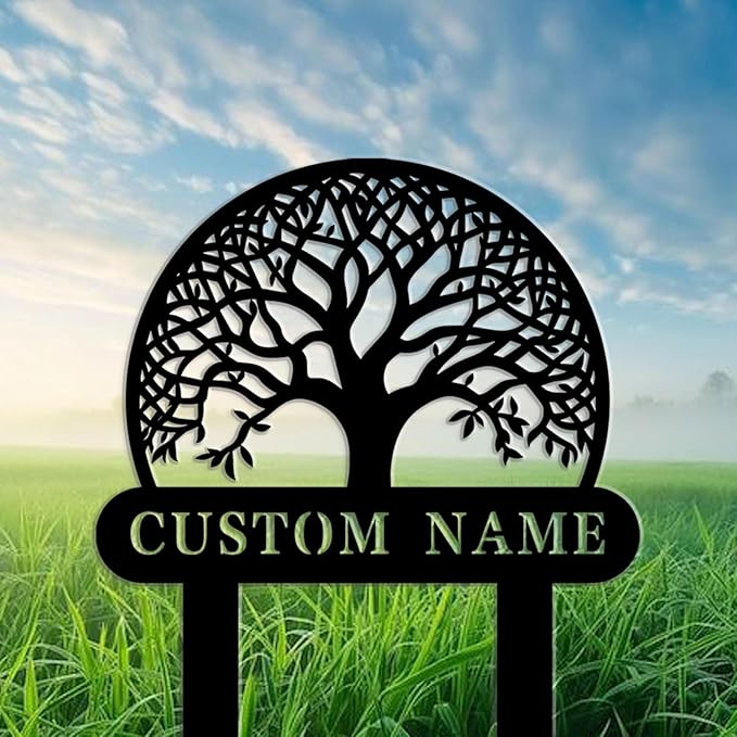 Custom Family Name Metal Garden Plaque,Personalized Tree Pattern Yard Marker,Weatherproof Outdoor Lawn Sign with Custom Name,Housewarming Garden Gift