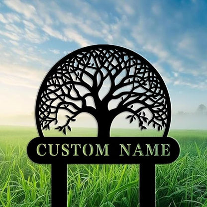 Custom Family Name Metal Garden Plaque,Personalized Tree Pattern Yard Marker,Weatherproof Outdoor Lawn Sign with Custom Name,Housewarming Garden Gift
