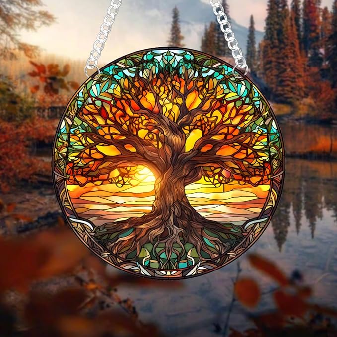 Tree of Life Stained Glass Suncatcher Nature Round Big Trees and Sunset Suncatcher Hanging Decoration with Metal Chain-SunCatchers for Window Decor Outdoor Garden Decor Gift,1PC