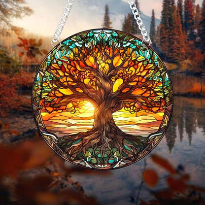 Tree of Life Stained Glass Suncatcher Nature Round Big Trees and Sunset Suncatcher Hanging Decoration with Metal Chain-SunCatchers for Window Decor Outdoor Garden Decor Gift,1PC